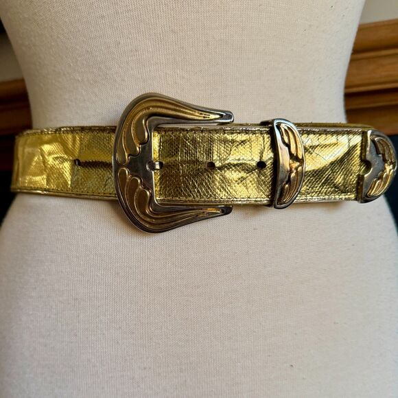 Vintage Emmanuel Genuine Reptile Metallic Gold Belt with Western Buckle - Picture 8 of 16